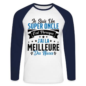 Un Super Oncle Cadeau Humour Nièce Tonton - T-shirt baseball manches longues Homme - blanc/marine - Devant - Nik (191cm)