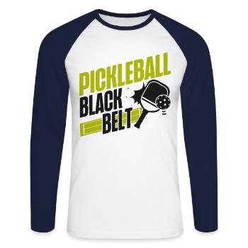 Pickleball Pickleball Black Belt - Unisex Baseballshirt langarm - Weiß/Navy - Vorne - Nik (191cm)