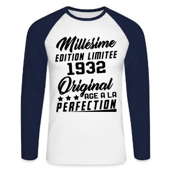 Millésime 1932 Original Cadeau D'anniversaire - T-shirt baseball manches longues Homme - blanc/marine - Devant - Nik (191cm)