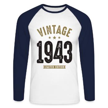 Vintage 1943 79th Birthday - Unisex Long Sleeve Baseball T-Shirt - white/navy - Front - Nik (191cm)