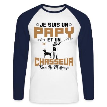 Papy et Chasseur Humour Cadeau - T-shirt baseball manches longues Homme - blanc/marine - Devant - Nik (191cm)