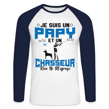 Papy et Chasseur Humour Cadeau - T-shirt baseball manches longues Homme - blanc/marine - Devant - Nik (191cm)