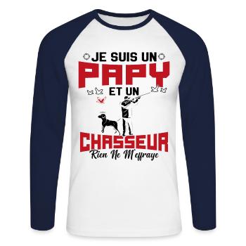 Papy et Chasseur Humour Cadeau - T-shirt baseball manches longues Homme - blanc/marine - Devant - Nik (191cm)