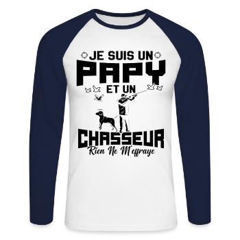 Papy et Chasseur Humour Cadeau - T-shirt baseball manches longues Homme - blanc/marine - Devant - Nik (191cm)