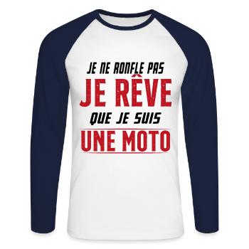 Je ne ronfle pas je rêve de moto ma passion - T-shirt baseball manches longues Homme - blanc/marine - Devant - Nik (191cm)