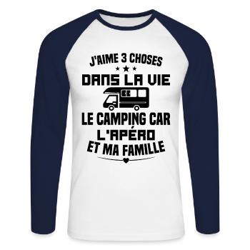 le camping car l'apéro et ma famille Humour Cadeau - T-shirt baseball manches longues Homme - blanc/marine - Devant - Nik (191cm)
