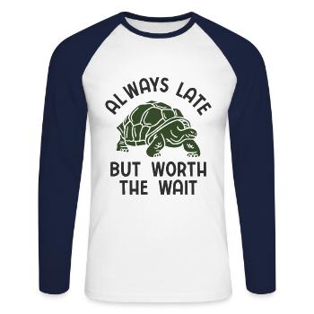 Schildkröten - Unisex Baseballshirt langarm - Weiß/Navy - Vorne - Nik (191cm)