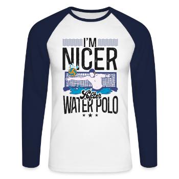 Water Polo I'm Nicer After Water - Unisex Baseballshirt langarm - Weiß/Navy - Vorne - Nik (191cm)