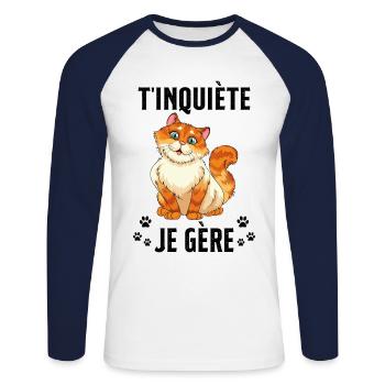 T'inquiète Je Gère Cadeau Humour - T-shirt baseball manches longues Homme - blanc/marine - Devant - Nik (191cm)