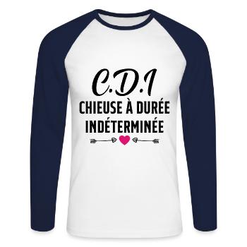 CDI Chieuse à durée indéterminée cadeau humour - T-shirt baseball manches longues Homme - blanc/marine - Devant - Nik (191cm)