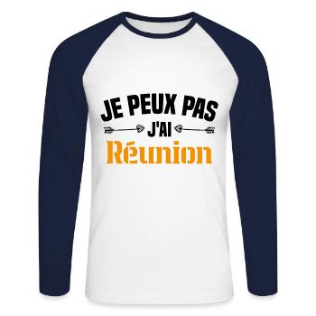je peux pas j'ai Réunion Cadeau Humour - T-shirt baseball manches longues Homme - blanc/marine - Devant - Nik (191cm)