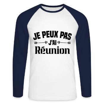 je peux pas j'ai Réunion Cadeau Humour - T-shirt baseball manches longues Homme - blanc/marine - Devant - Nik (191cm)