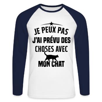 Je peux pas j'ai prévu des choses avec mon chat - T-shirt baseball manches longues Homme - blanc/marine - Devant - Nik (191cm)