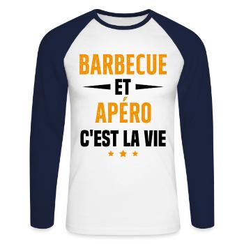 Barbecue et apéro c'est la vie vacances d'été - T-shirt baseball manches longues Homme - blanc/marine - Devant - Nik (191cm)