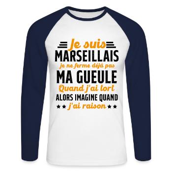 Marseillais je ferme pas ma gueule cadeau humour - T-shirt baseball manches longues Homme - blanc/marine - Devant - Nik (191cm)