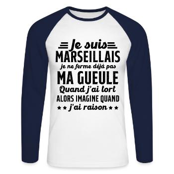 Marseillais je ferme pas ma gueule cadeau humour - T-shirt baseball manches longues Homme - blanc/marine - Devant - Nik (191cm)