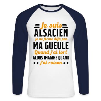 Alsacien je ferme pas ma gueule humour alsace - T-shirt baseball manches longues Homme - blanc/marine - Devant - Nik (191cm)