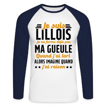 Lillois je ferme pas ma gueule cadeau Lille humour - T-shirt baseball manches longues Homme - blanc/marine - Devant - Nik (191cm)
