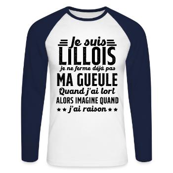 Lillois je ferme pas ma gueule cadeau Lille humour - T-shirt baseball manches longues Homme - blanc/marine - Devant - Nik (191cm)
