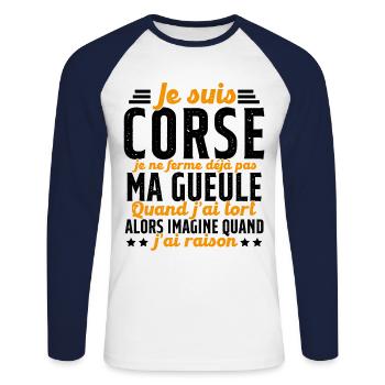Corse je ne ferme pas ma gueule cadeau humour - T-shirt baseball manches longues Homme - blanc/marine - Devant - Nik (191cm)