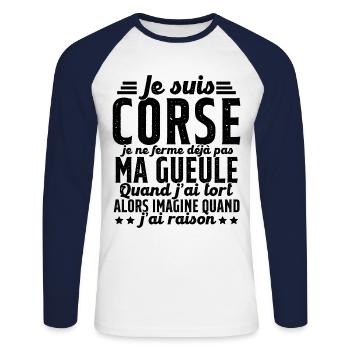 Corse je ne ferme pas ma gueule cadeau humour - T-shirt baseball manches longues Homme - blanc/marine - Devant - Nik (191cm)