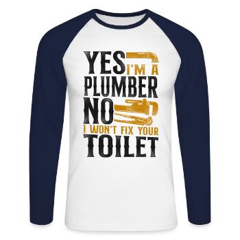 Plombier Plombier Vintage Oui je suis - T-shirt baseball manches longues Homme - blanc/marine - Devant - Nik (191cm)
