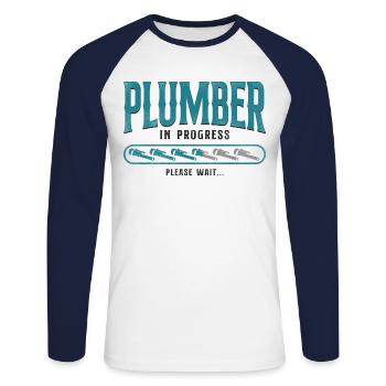 Plombier Plombier Plombier Vintage Plombier - T-shirt baseball manches longues Homme - blanc/marine - Devant - Nik (191cm)