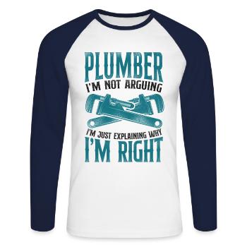 Plombier Plombier Plombier Vintage Plombier - T-shirt baseball manches longues Homme - blanc/marine - Devant - Nik (191cm)