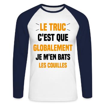 Le Truc C'est Que Je M'en Bats Les Couilles - T-shirt baseball manches longues Homme - blanc/marine - Devant - Nik (191cm)