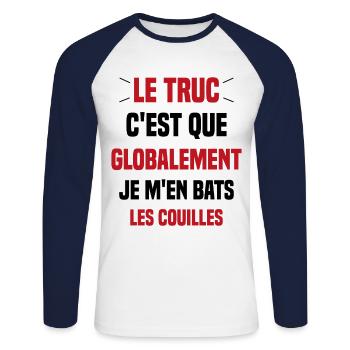 Le Truc C'est Que Je M'en Bats Les Couilles - T-shirt baseball manches longues Homme - blanc/marine - Devant - Nik (191cm)
