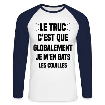 Le Truc C'est Que Je M'en Bats Les Couilles - T-shirt baseball manches longues Homme - blanc/marine - Devant - Nik (191cm)