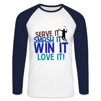 Badminton - Unisex Baseballshirt langarm - Weiß/Navy - Vorne - Nik (191cm)