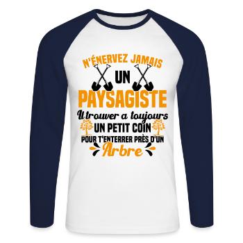 Paysagiste et jardinier cadeau humour - T-shirt baseball manches longues Homme - blanc/marine - Devant - Nik (191cm)