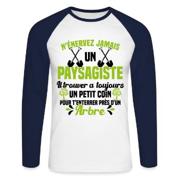 Paysagiste et jardinier cadeau humour - T-shirt baseball manches longues Homme - blanc/marine - Devant - Nik (191cm)