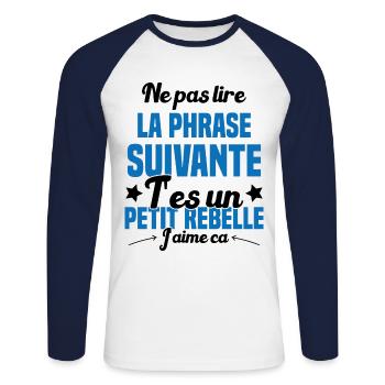 Ne pas lire la phrase suivante - T-shirt baseball manches longues Homme - blanc/marine - Devant - Nik (191cm)