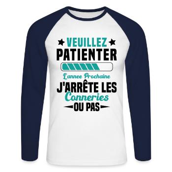 J'arrête les conneries humour - T-shirt baseball manches longues Homme - blanc/marine - Devant - Nik (191cm)