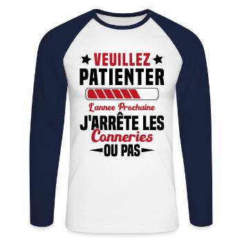 J'arrête les conneries humour - T-shirt baseball manches longues Homme - blanc/marine - Devant - Nik (191cm)