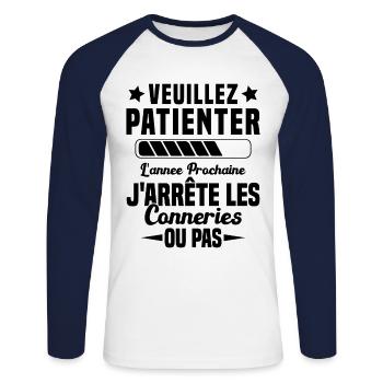 J'arrête les conneries humour - T-shirt baseball manches longues Homme - blanc/marine - Devant - Nik (191cm)
