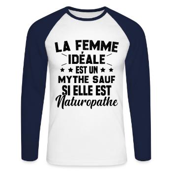 La femme idéale est un mythe sauf naturopathe - T-shirt baseball manches longues Homme - blanc/marine - Devant - Nik (191cm)
