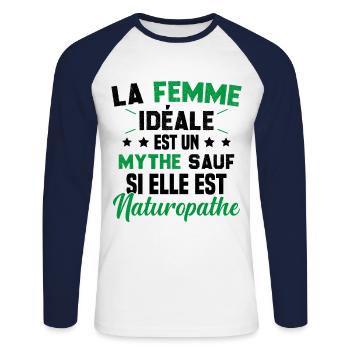 La femme idéale est un mythe sauf naturopathe - T-shirt baseball manches longues Homme - blanc/marine - Devant - Nik (191cm)
