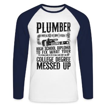 Plombier Plombier Plombier Vintage Plombier - T-shirt baseball manches longues Homme - blanc/marine - Devant - Nik (191cm)