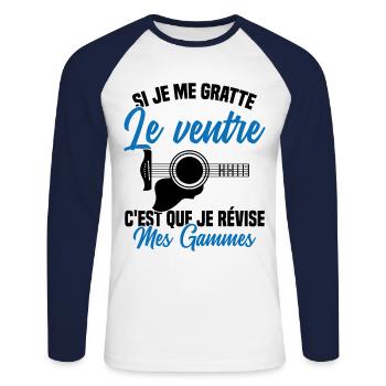 Si je me gratte le ventre humour guitariste - T-shirt baseball manches longues Homme - blanc/marine - Devant - Nik (191cm)