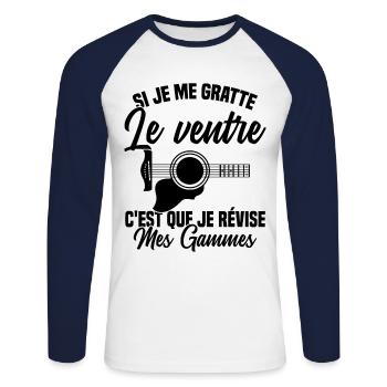 Si je me gratte le ventre humour guitariste - T-shirt baseball manches longues Homme - blanc/marine - Devant - Nik (191cm)