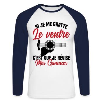 Si je me gratte le ventre humour guitariste - T-shirt baseball manches longues Homme - blanc/marine - Devant - Nik (191cm)