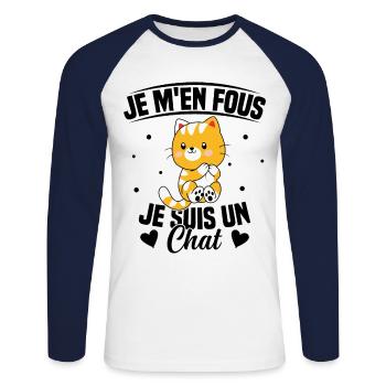 Je m'en fous Je suis un Chat Humour Chat Chaton - T-shirt baseball manches longues Homme - blanc/marine - Devant - Nik (191cm)