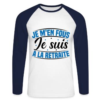Je m'en Fous Je suis à la Retraite Humour - T-shirt baseball manches longues Homme - blanc/marine - Devant - Nik (191cm)