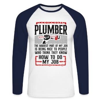 Plombier Plombier Plombier Vintage Plombier - T-shirt baseball manches longues Homme - blanc/marine - Devant - Nik (191cm)
