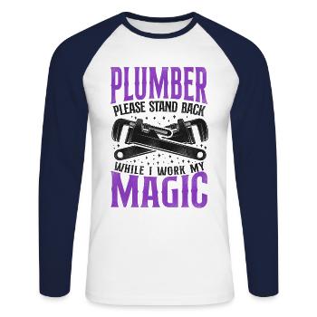 Plombier Plombier Plombier Vintage Plombier - T-shirt baseball manches longues Homme - blanc/marine - Devant - Nik (191cm)