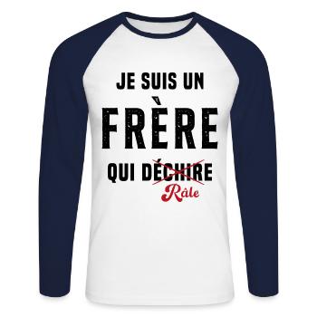 Frère râleur cadeau drôle humour rigolo - T-shirt baseball manches longues Homme - blanc/marine - Devant - Nik (191cm)