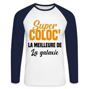 Super colocataire cadeau drôle fille coloc - T-shirt baseball manches longues Homme - blanc/marine - Devant - Nik (191cm)
